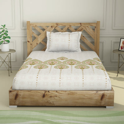 Ornate Palm - Light Green 100% Cotton Single Bedsheet - Atrium By Spaces