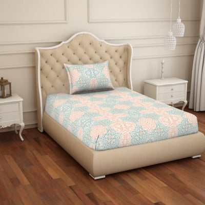 Ornate Orange/Sage Cotton Rich Single Bedsheet - 2-In-1 By Welspun