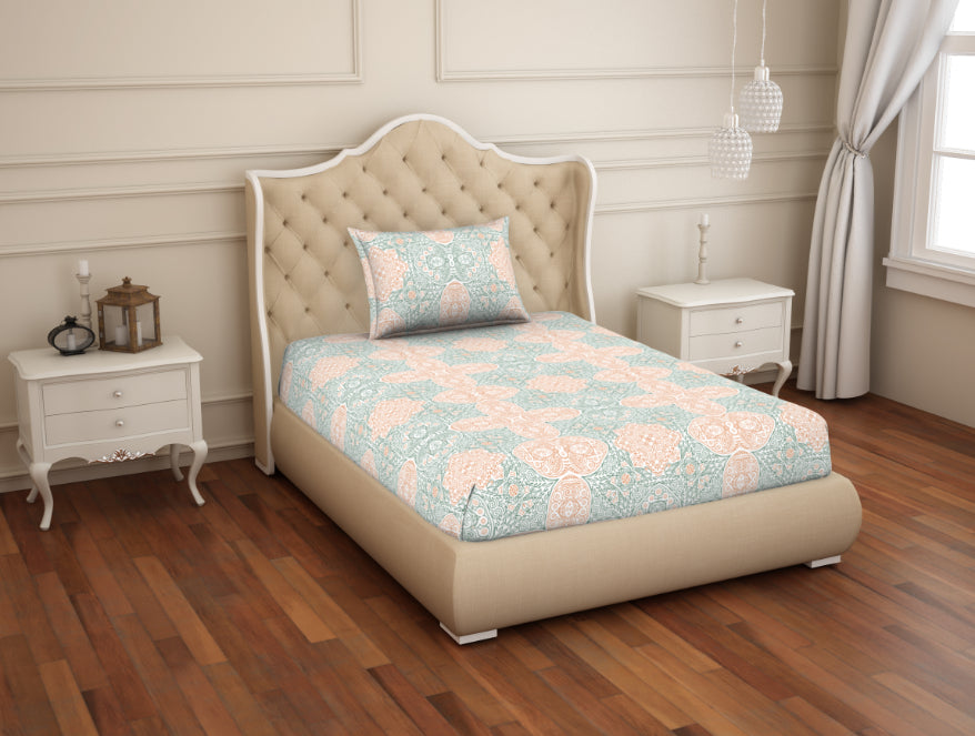 Ornate Orange/Sage Cotton Rich Single Bedsheet - 2-In-1 By Welspun
