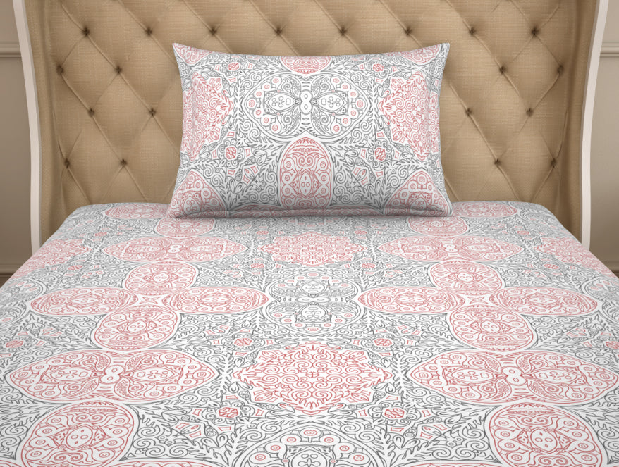 Ornate Orange/Sage Cotton Rich Single Bedsheet - 2-In-1 By Welspun