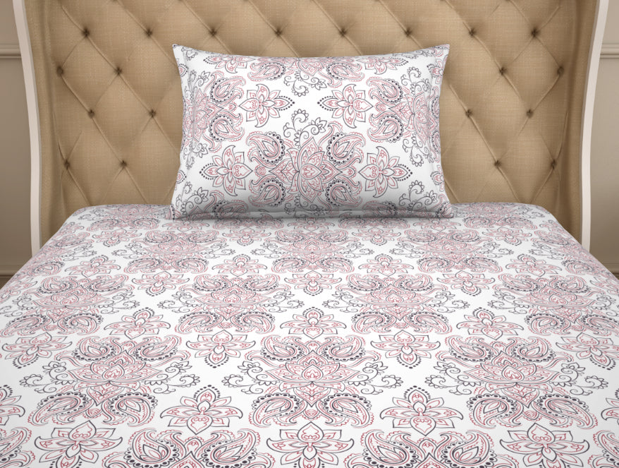 Ornate Slate/Red - Grey Cotton Rich Single Bedsheet - 2-In-1 By Welspun