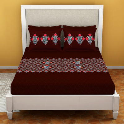 Ornate Rhubarb - Dark Red 100% Cotton Queen Fitted Sheet - Moments By Welspun