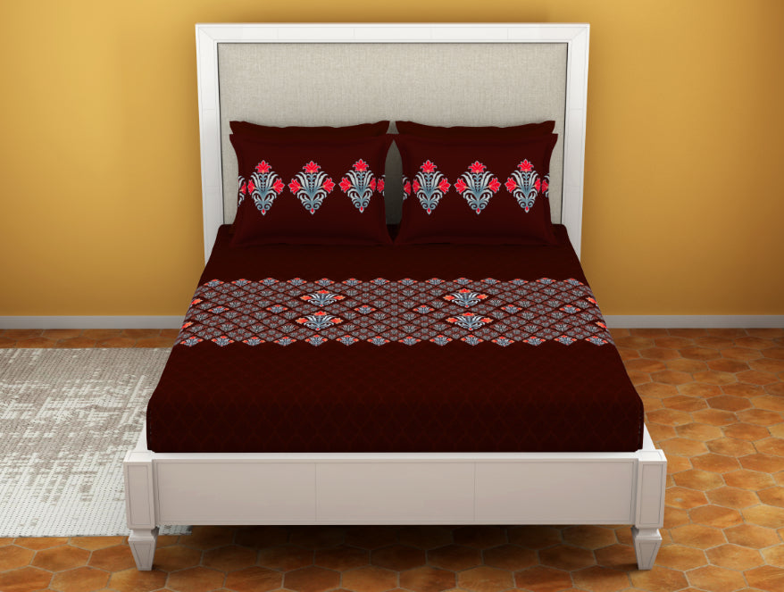 Ornate Rhubarb - Dark Red 100% Cotton Queen Fitted Sheet - Moments By Welspun