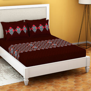 Ornate Rhubarb - Dark Red 100% Cotton Queen Fitted Sheet - Moments By Welspun