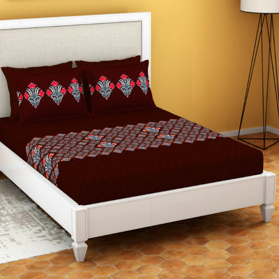 Ornate Rhubarb - Dark Red 100% Cotton Queen Fitted Sheet - Moments By Welspun