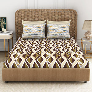 Geometric Brown 100% Cotton Queen Fitted Sheet - Geostance By Spaces