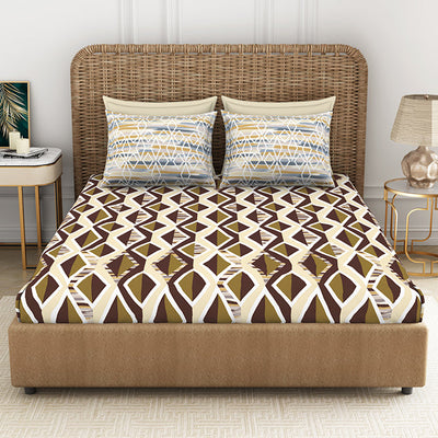 Geometric Brown 100% Cotton Queen Fitted Sheet - Geostance By Spaces