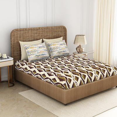 Geometric Brown 100% Cotton Queen Fitted Sheet - Geostance By Spaces