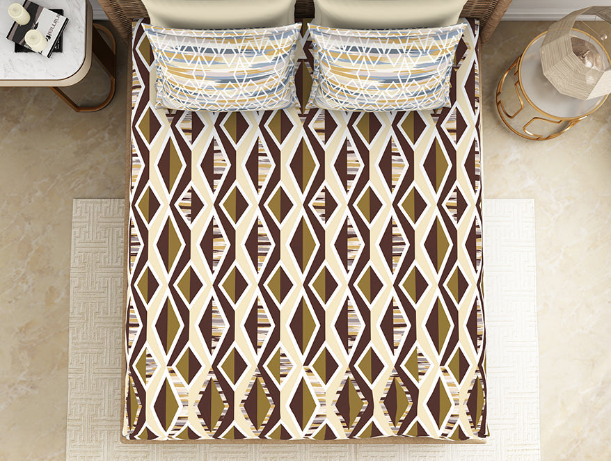 Geometric Brown 100% Cotton Queen Fitted Sheet - Geostance By Spaces