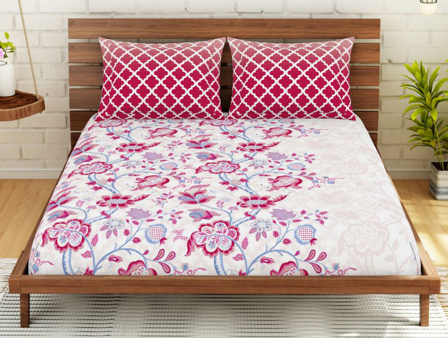 Floral Pink 100% Cotton Double Bedsheet - Atrium By Spaces