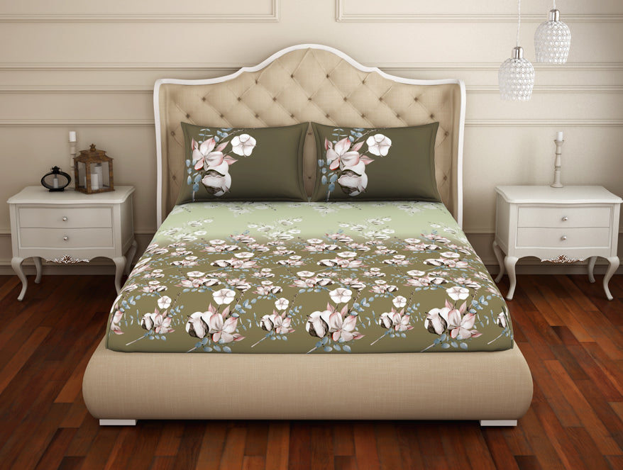 Floral Dried Herb - Green 100% Cotton Queen Fitted Sheet - Welspun Anti Bacterial By Welspun