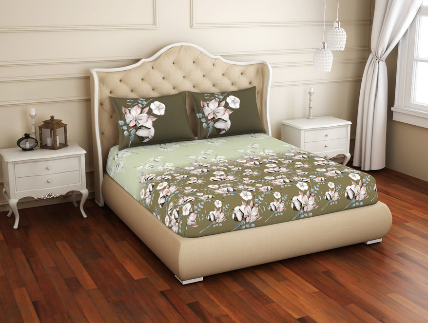 Floral Dried Herb - Green 100% Cotton Queen Fitted Sheet - Welspun Anti Bacterial By Welspun