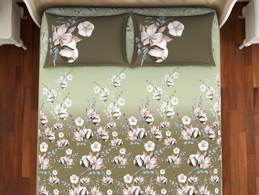 Floral Dried Herb - Green 100% Cotton Queen Fitted Sheet - Welspun Anti Bacterial By Welspun