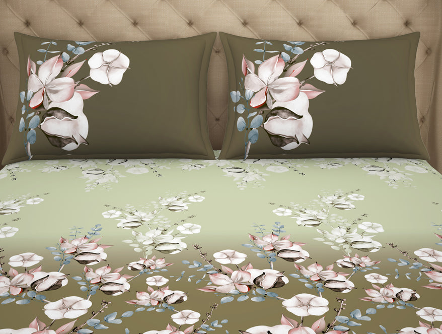 Floral Dried Herb - Green 100% Cotton Queen Fitted Sheet - Welspun Anti Bacterial By Welspun