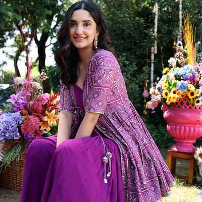 Geometric Purple Elegance Printed Satin Sharara Set
