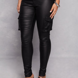 Faux Leather Skinny Leg Cargo Pants