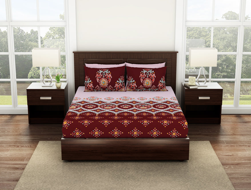 Geometric Red Dahlia 100% Cotton Queen Fitted Sheet - Geostance By Spaces