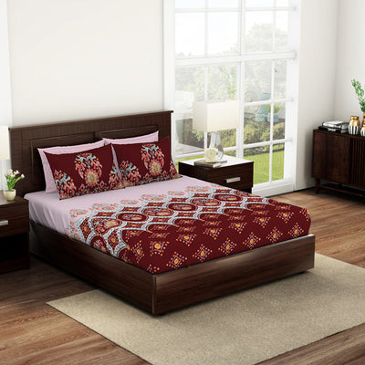 Geometric Red Dahlia 100% Cotton Queen Fitted Sheet - Geostance By Spaces
