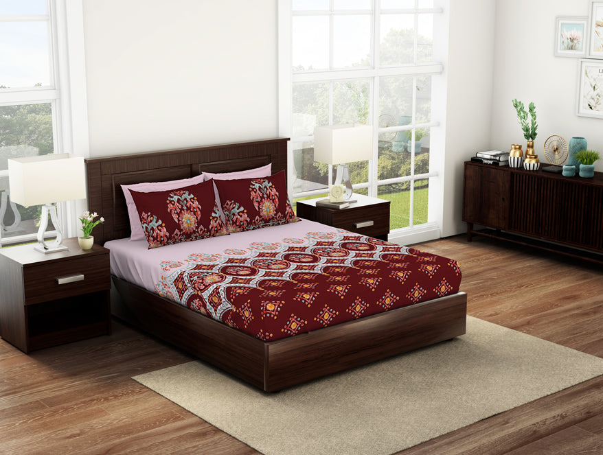 Geometric Red Dahlia 100% Cotton Queen Fitted Sheet - Geostance By Spaces