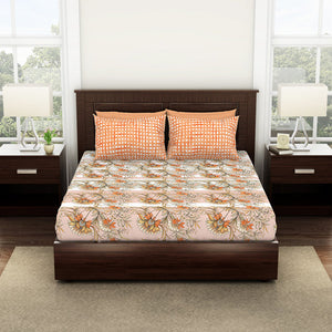Floral Copper Tan - Dark Orange 100% Cotton Queen Fitted Sheet - Bonica By Spaces