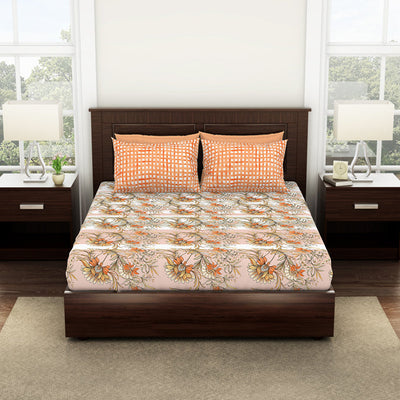 Floral Copper Tan - Dark Orange 100% Cotton Queen Fitted Sheet - Bonica By Spaces