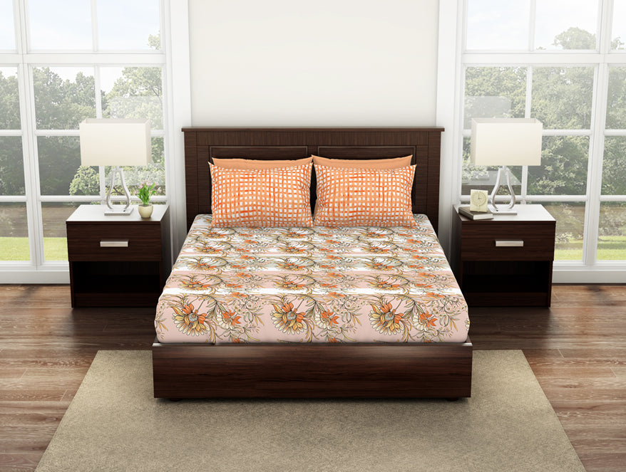 Floral Copper Tan - Dark Orange 100% Cotton Queen Fitted Sheet - Bonica By Spaces