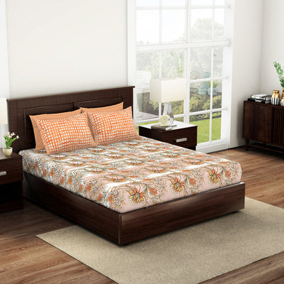 Floral Copper Tan - Dark Orange 100% Cotton Queen Fitted Sheet - Bonica By Spaces