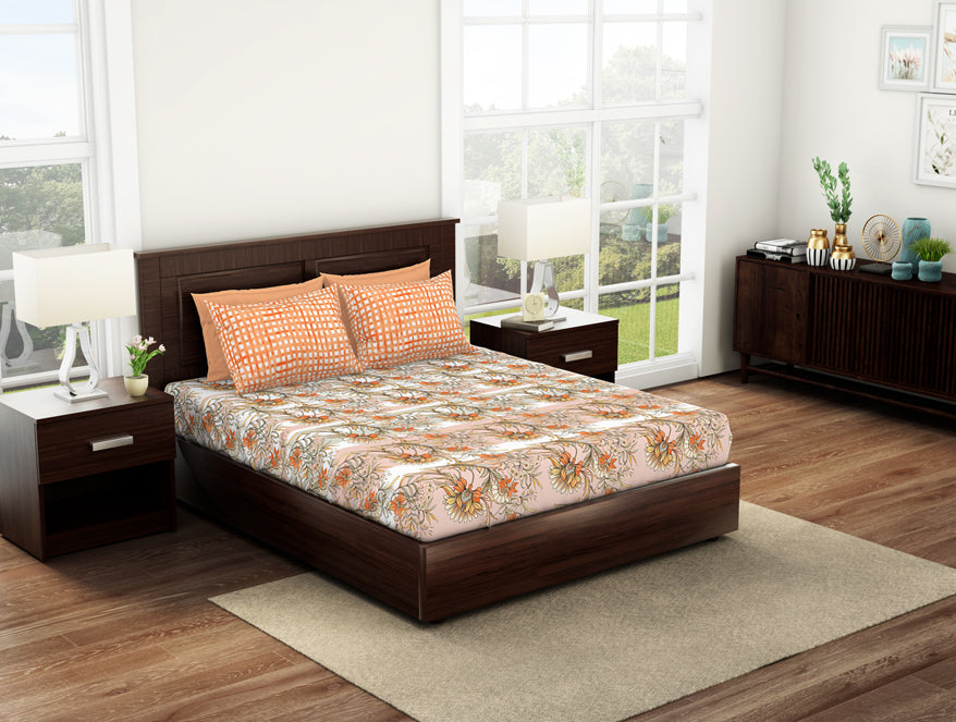 Floral Copper Tan - Dark Orange 100% Cotton Queen Fitted Sheet - Bonica By Spaces