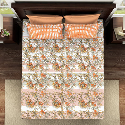 Floral Copper Tan - Dark Orange 100% Cotton Queen Fitted Sheet - Bonica By Spaces