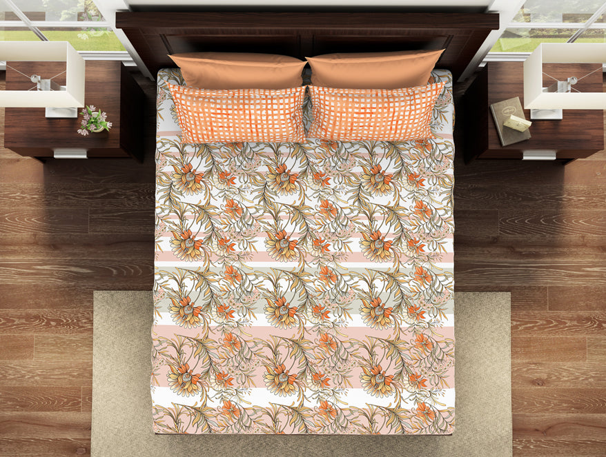 Floral Copper Tan - Dark Orange 100% Cotton Queen Fitted Sheet - Bonica By Spaces