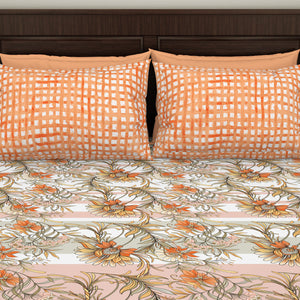 Floral Copper Tan - Dark Orange 100% Cotton Queen Fitted Sheet - Bonica By Spaces