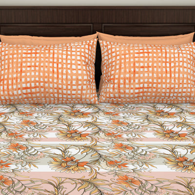 Floral Copper Tan - Dark Orange 100% Cotton Queen Fitted Sheet - Bonica By Spaces
