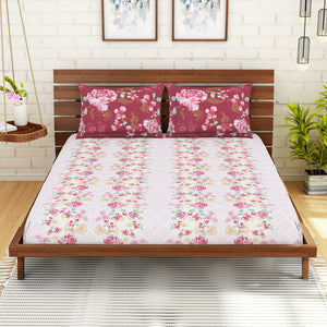 Floral Strawberry - Light Pink 100% Cotton King Fitted Sheet - Atrium Kitting By Spaces