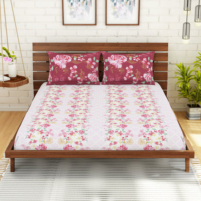 Floral Strawberry - Light Pink 100% Cotton King Fitted Sheet - Atrium Kitting By Spaces