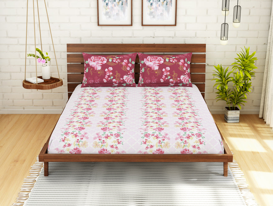 Floral Strawberry - Light Pink 100% Cotton King Fitted Sheet - Atrium Kitting By Spaces