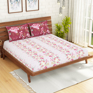 Floral Strawberry - Light Pink 100% Cotton King Fitted Sheet - Atrium Kitting By Spaces