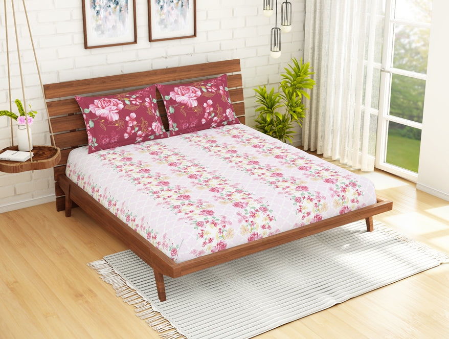 Floral Strawberry - Light Pink 100% Cotton King Fitted Sheet - Atrium Kitting By Spaces