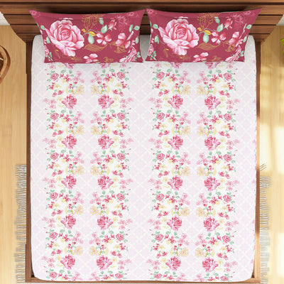 Floral Strawberry - Light Pink 100% Cotton King Fitted Sheet - Atrium Kitting By Spaces