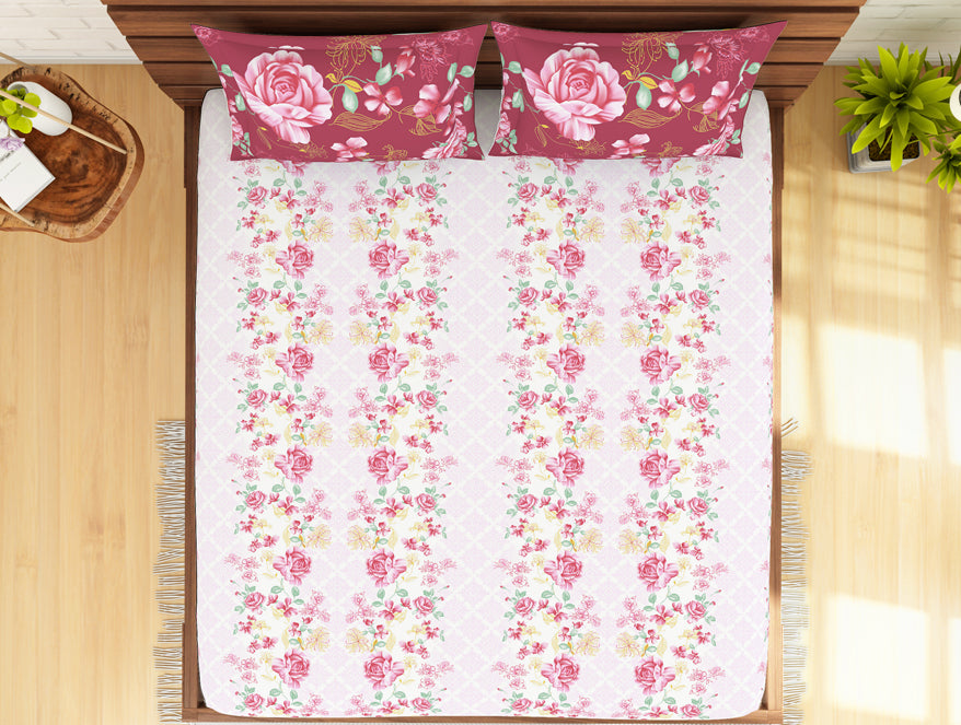 Floral Strawberry - Light Pink 100% Cotton King Fitted Sheet - Atrium Kitting By Spaces