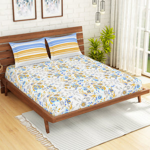 Floral Windsurfer - Light Blue 100% Cotton Queen Fitted Sheet - Atrium Kitting By Spaces