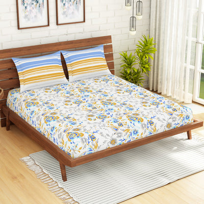 Floral Windsurfer - Light Blue 100% Cotton Queen Fitted Sheet - Atrium Kitting By Spaces