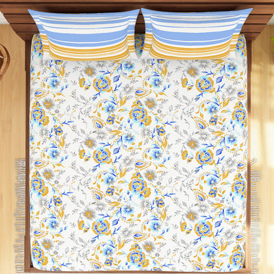Floral Windsurfer - Light Blue 100% Cotton Queen Fitted Sheet - Atrium Kitting By Spaces