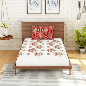 Ornate Poppy Red - Red 100% Cotton Single Bedsheet - Atrium Ecom By Spaces