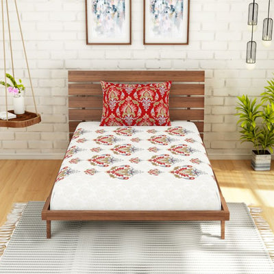 Ornate Poppy Red - Red 100% Cotton Single Bedsheet - Atrium Ecom By Spaces