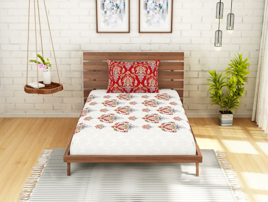 Ornate Poppy Red - Red 100% Cotton Single Bedsheet - Atrium Ecom By Spaces