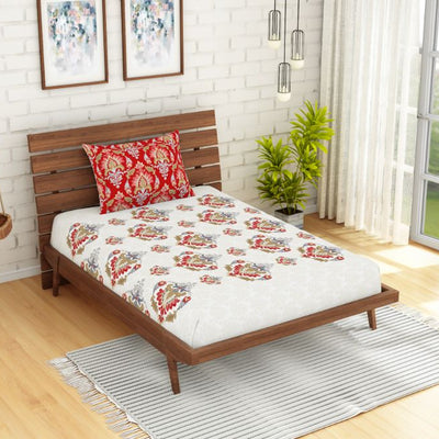 Ornate Poppy Red - Red 100% Cotton Single Bedsheet - Atrium Ecom By Spaces