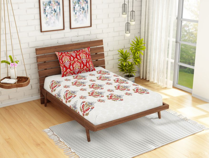 Ornate Poppy Red - Red 100% Cotton Single Bedsheet - Atrium Ecom By Spaces