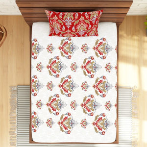Ornate Poppy Red - Red 100% Cotton Single Bedsheet - Atrium Ecom By Spaces