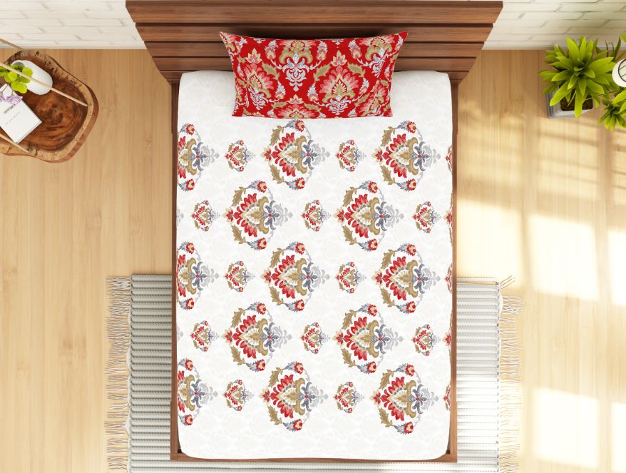 Ornate Poppy Red - Red 100% Cotton Single Bedsheet - Atrium Ecom By Spaces