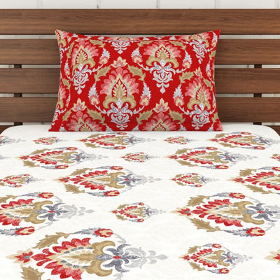 Ornate Poppy Red - Red 100% Cotton Single Bedsheet - Atrium Ecom By Spaces